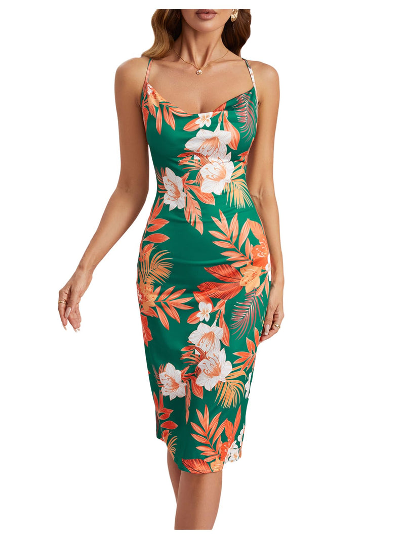 WDIRARA Women's Floral Print Cowl Neck Sleeveless Ruched Split Thigh Satin Cami Summer Dress Green Tropical S