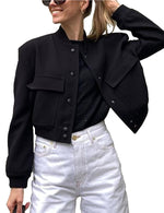 Load image into Gallery viewer, Megfie Womens Cropped Bomber Jacket Button Down Varsity Jackets Shackets with Pockets(0394-Black-M)
