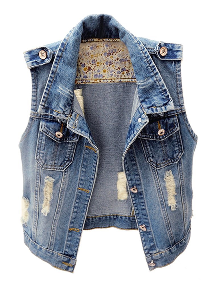 Kedera Womens Denim Jean Vest Classic Junior Button Up Cropped Distressed Sleeveless Jean Jacket