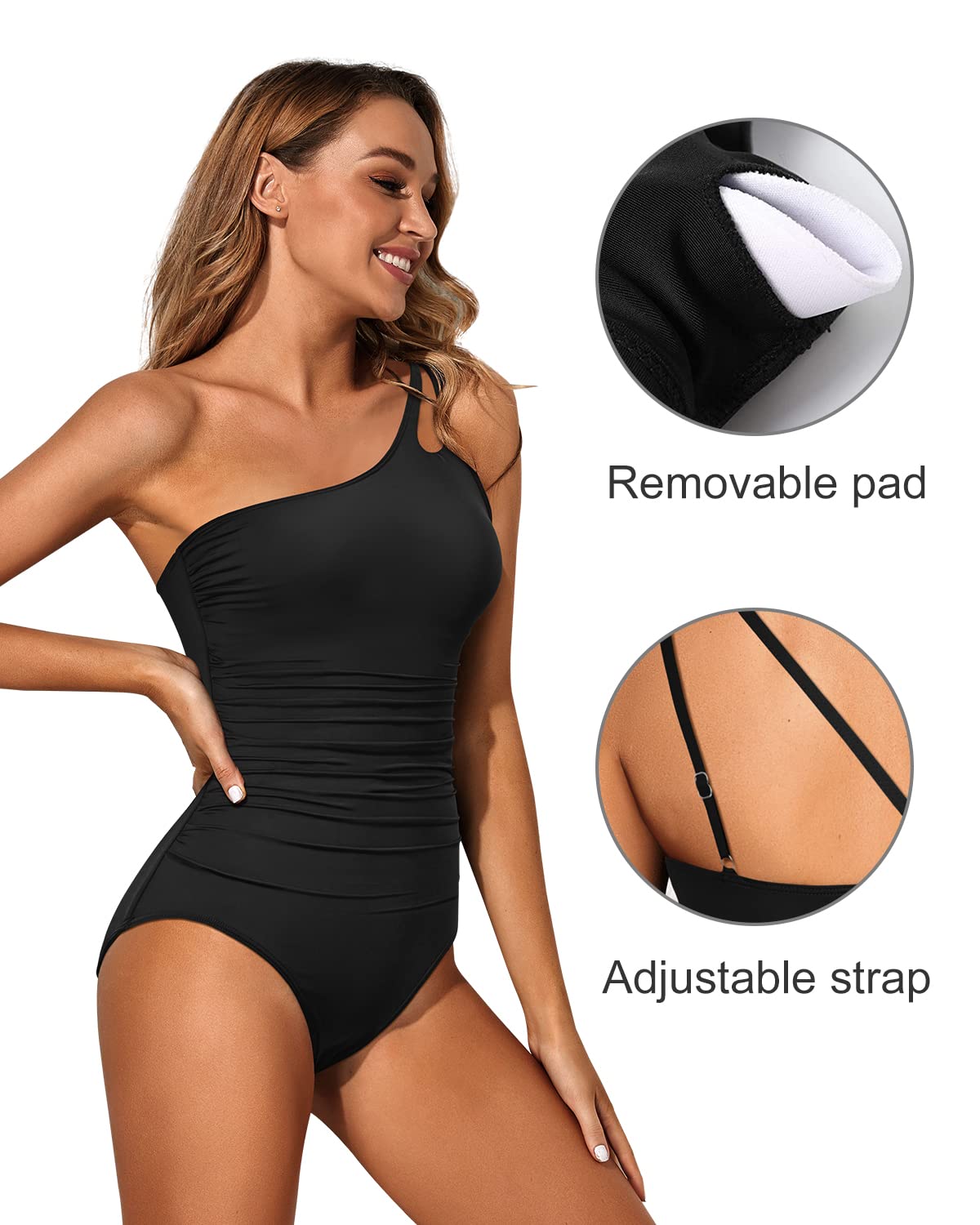 Holipick One Shoulder One Piece Swimsuit for Women Tummy Control Bathing Suits Modest Full Coverage Keyhole Swimwear Black