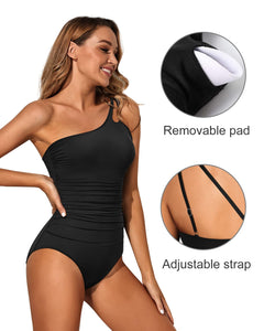 Holipick One Shoulder One Piece Swimsuit for Women Tummy Control Bathing Suits Modest Full Coverage Keyhole Swimwear Black