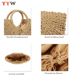 Straw Bags for Women,Hand-woven Straw Top-handle Bag with Round Ring Handle Summer Beach Rattan Tote Handbag (Black)