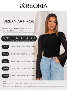 REORIA Women’s Fall Trendy Sexy Boat Neck Long Sleeve Sheer Mesh Slimming Going Out Bodysuit Tops for Vacation Black Medium