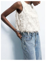 Load image into Gallery viewer, GORGLITTER Women's Fringed Boho Western Tops Sleeveless Crew Neck Y2k Country Concert Going Out Tank Top White Medium
