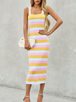 Load image into Gallery viewer, Saodimallsu Womens Striped Bodycon Midi Dress Sleeveless Square Neck Color Block Knit Summer Tank Dresses Yellow
