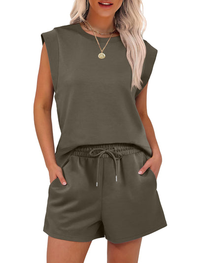 ANRABESS Two Piece Sets for Women 2025 Summer Short Lounge Set Casual Beach Vacation Outfits Spring Sweatsuits Tracksuit Army Green Medium