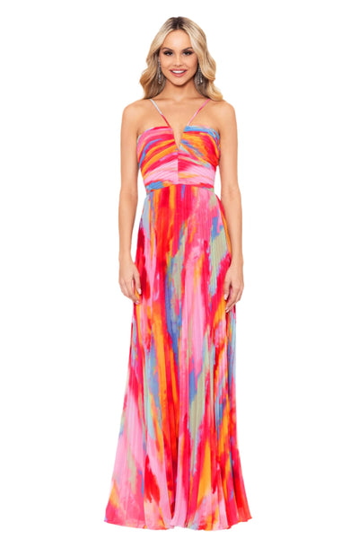 Xscape Women's Sleeveless Long Halter Neck Print Dress, Fushia Multi, 4