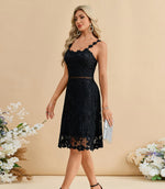 Load image into Gallery viewer, Women’s Lace Midi Dress – Floral Strap Cocktail Dress for Wedding Guest, Bridal Shower, Party &amp; Summer Events Black
