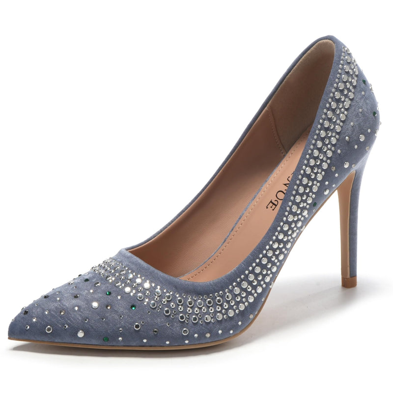 EBYNUE Women's Pumps Sexy Rhinestone High Heels 4 inch Pointed Closed Toe Stiletto Heel Evening Party Wedding Comfortable Dress Shoes Light Blue