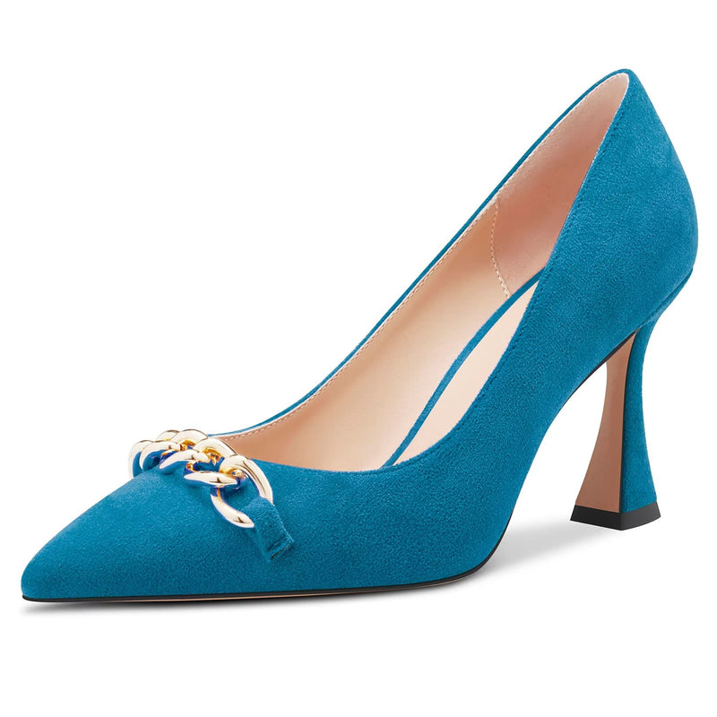 Castamere Women Chunky Block High Heel Pointed Toe Slip-on Pumps Dress Cute 3.3 Inches Heels Blue A 7 M US