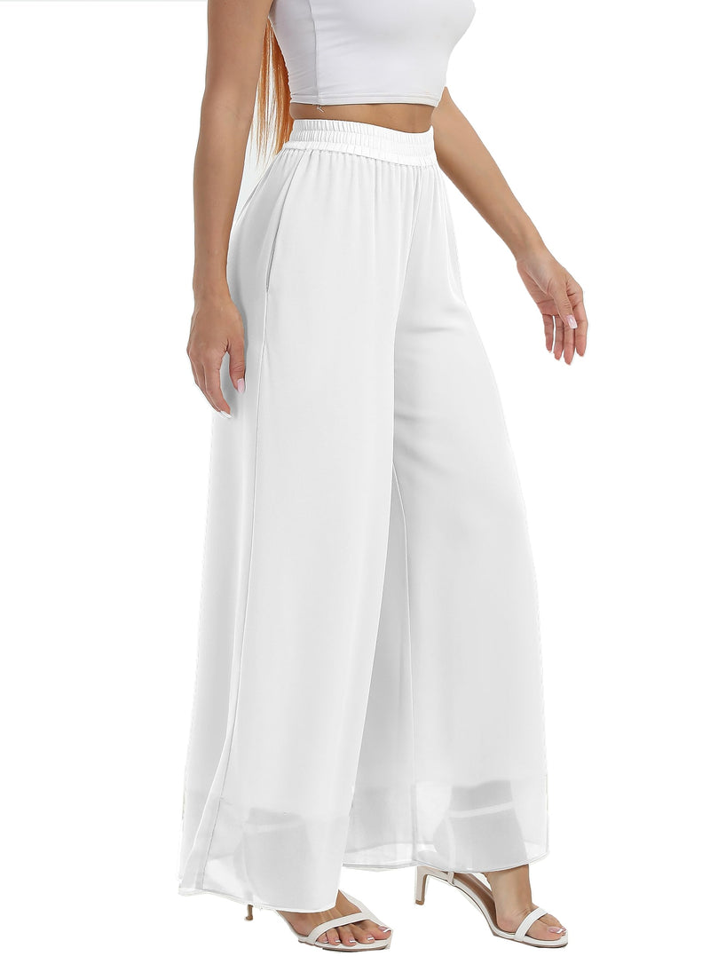 zsangbee Women's Wide Leg Palazzo Pants Chiffon Flowy Loose Party Wedding Dressy Casual Trousers White