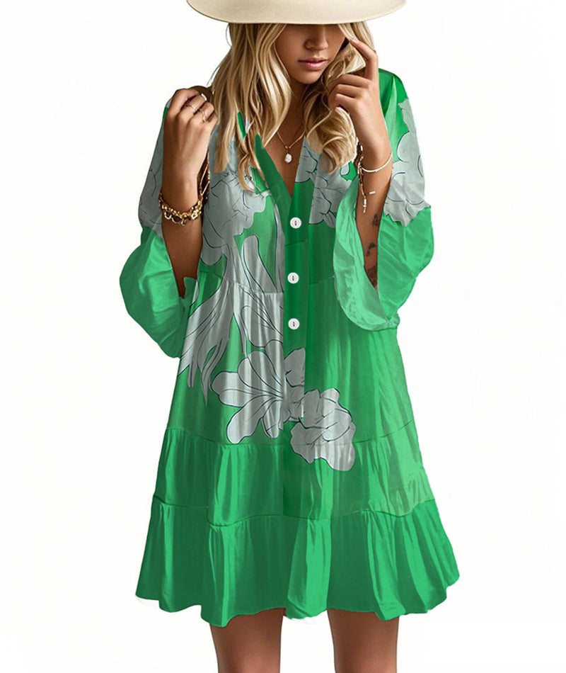 Opemiby Summer Dresses for Women 2026 Flowy Ruffle 3/4 Sleeve V Neck Tiered Casual Babydoll Boho Beach Mini Dress Bright Green Floral M