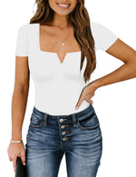 Load image into Gallery viewer, Chunpin Women&#39;s Sexy Square Neck Notch V Neck Short Sleeve Bodysuit Tops Thong Bodysuit White Medium
