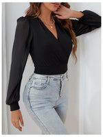 Load image into Gallery viewer, WDIRARA Women's Mesh Sheer Lantern Long Sleeve Bodysuit Wrap V Neck Blouse Black Small
