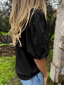 Tankaneo Women's Button Down Shirts Short Puff Sleeve Collared Dressy Casual Blouse Tops Black