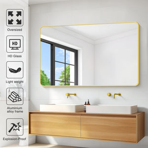 CIVENO 55"x36" Gold Bathroom Mirror, Large Rectangle Mirror, Rectangular Wall Mirror, Rounded Corner Vanity Mirror with Aluminum Metal Frame for Bathroom Bedroom Living Room