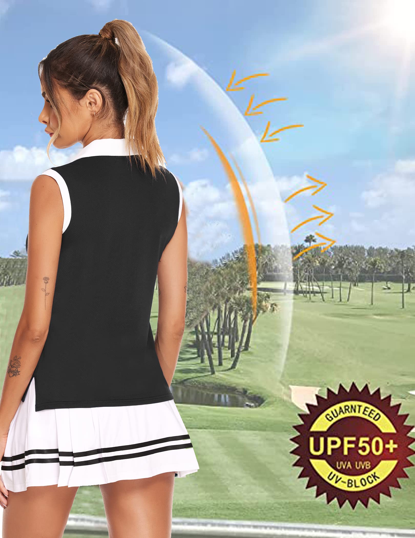 HOTLOOX Women Sleeveless Golf Polo Shirts Summer 2025 UPF 50+ Zipper V Neck Tennis Tank Top Black M