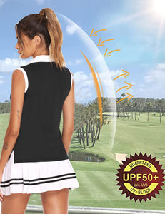 HOTLOOX Women Sleeveless Golf Polo Shirts Summer 2025 UPF 50+ Zipper V Neck Tennis Tank Top Black M
