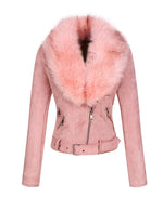 Load image into Gallery viewer, Bellivera Women's Faux Leather Suede Jacket Motocycle Sherpa-Lined Coat with Removable Fur Collar 8830 Pink M
