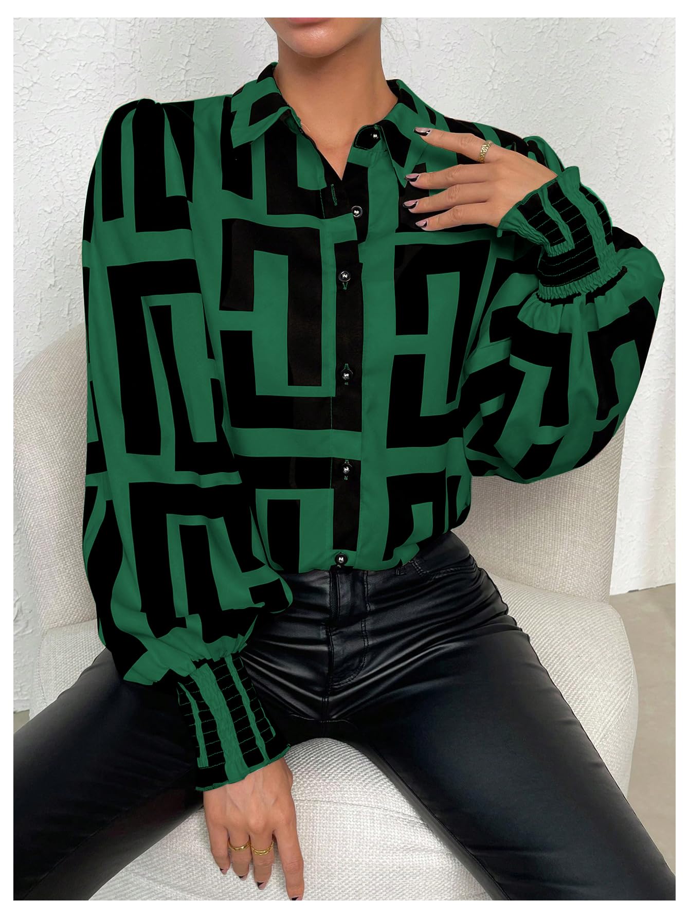 SweatyRocks Women's Graphic Print Long Lantern Sleeve Collar Neck Button Front Blouse Shirt Top Dark Green Medium