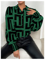 Load image into Gallery viewer, SweatyRocks Women&#39;s Graphic Print Long Lantern Sleeve Collar Neck Button Front Blouse Shirt Top Dark Green Medium
