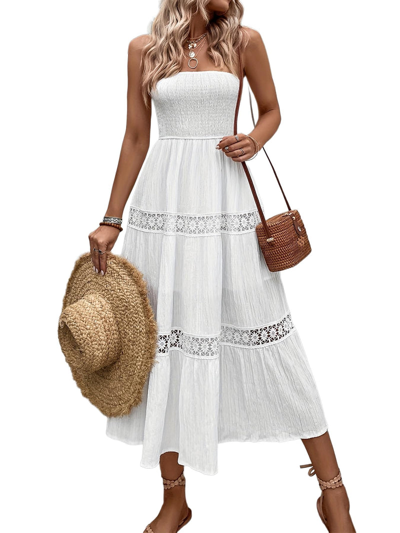 SKAYS Women's Strapless Bandeau Dress Solid Color Hollow Out Lace Patchwork A-Line Beach Dress White M