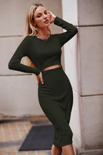 Load image into Gallery viewer, PRETTYGARDEN Women's Long Sleeve Midi Bodycon Dresses Casual Crewneck Cut Out Ribbed Knit Fitted Pencil Dress (Army Green,Small)
