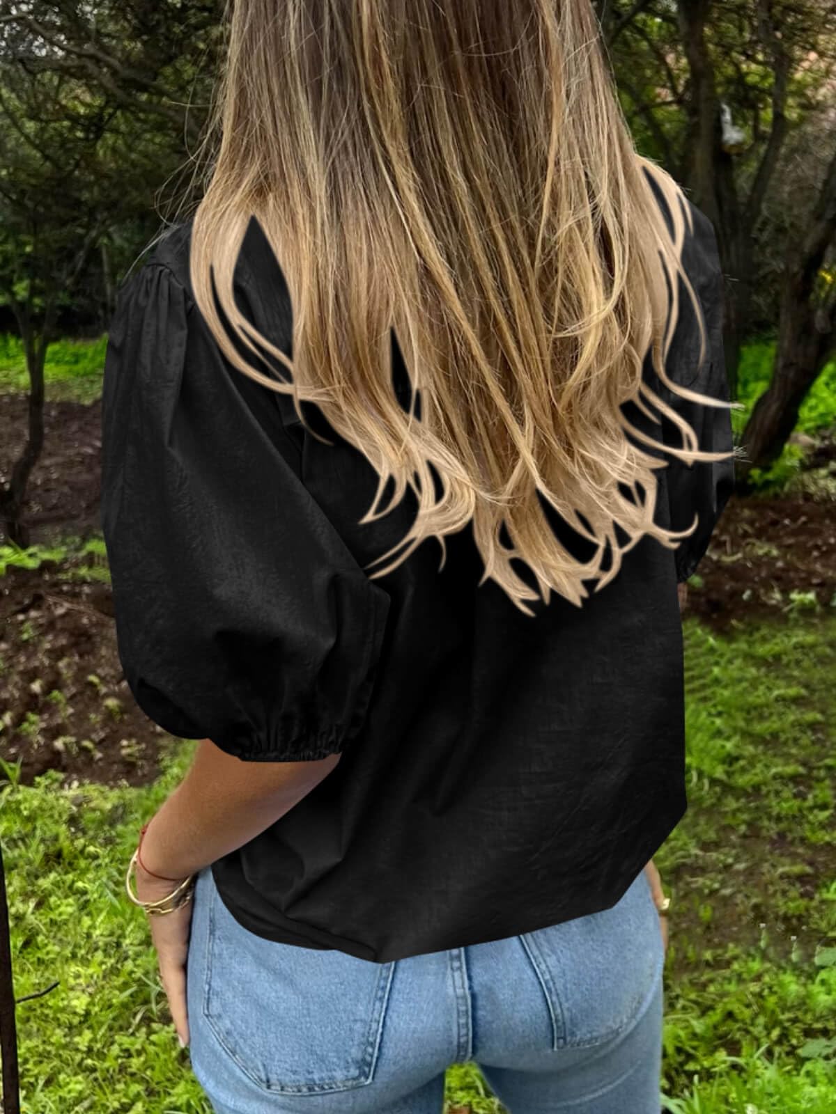 Tankaneo Women's Button Down Shirts Short Puff Sleeve Collared Dressy Casual Blouse Tops Black