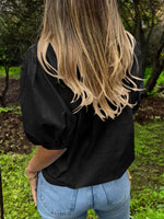 Load image into Gallery viewer, Tankaneo Women&#39;s Button Down Shirts Short Puff Sleeve Collared Dressy Casual Blouse Tops Black
