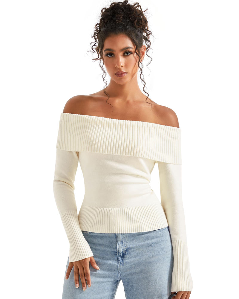 SUUKSESS Women Off Shoulder Sweater Long Sleeve Ribbed Knit Pullover Sweater Tops Going Out Fall Shirt (White, M)