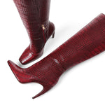 Load image into Gallery viewer, femflame Red Knee High Boots for Women Wide Calf Long Boots Crocodile Square Toe Side ZIpper Stiletto Heel Tall Boots

