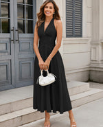 Load image into Gallery viewer, GLNEGE Women's Summer V-Neck Long Dress Casual Halter Wedding Guest Dresses Boho Flowy Smocked Sundress 2026 Black
