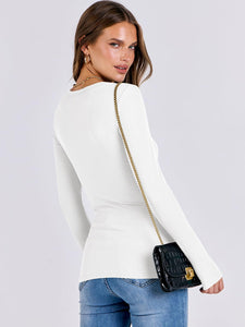 ANRABESS Women Long Sleeve Crewneck Rib Knit Slim Fit Shirts Basic Tee Tops 2025 Casual T-Shirt Going Out Workout Outfits White Medium