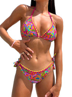 Load image into Gallery viewer, COZYEASE Women&#39;s Bikini Sets 2 Piece Halter Triangle Allover Print Swimsuit Set Boho Knot Side Bathing Suit Set Multicolor Small
