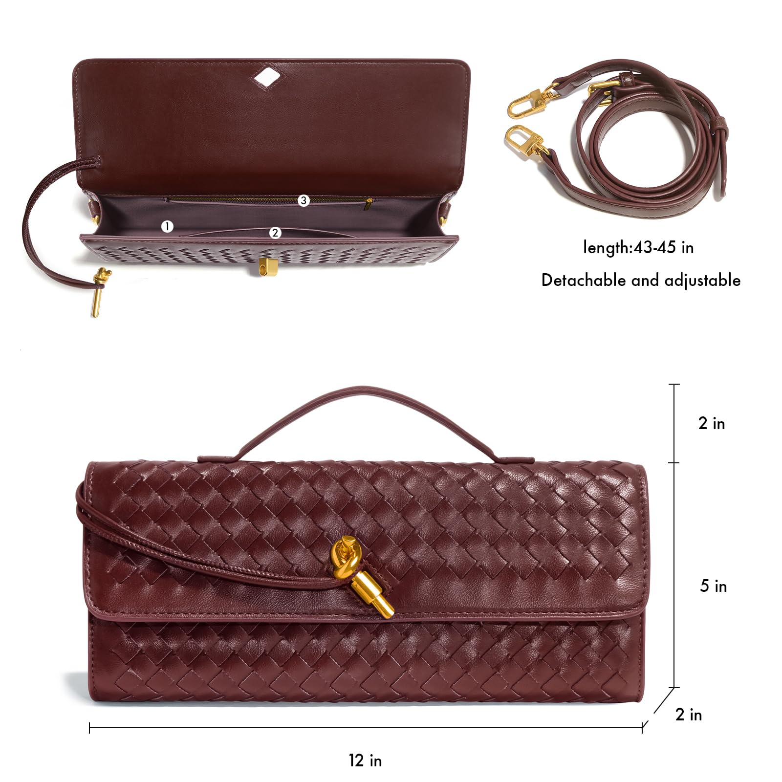 NEWROGENG Woven Clutch Purses for Women, Leather Evening Bag Shoulder Handbag Formal Satchel Crossbody Purse Party Bag, Burgundy Red
