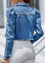 Load image into Gallery viewer, Nihsatin Women’s Puff Sleeve Cropped Denim Jacket Button-Up Short Jean Coat
