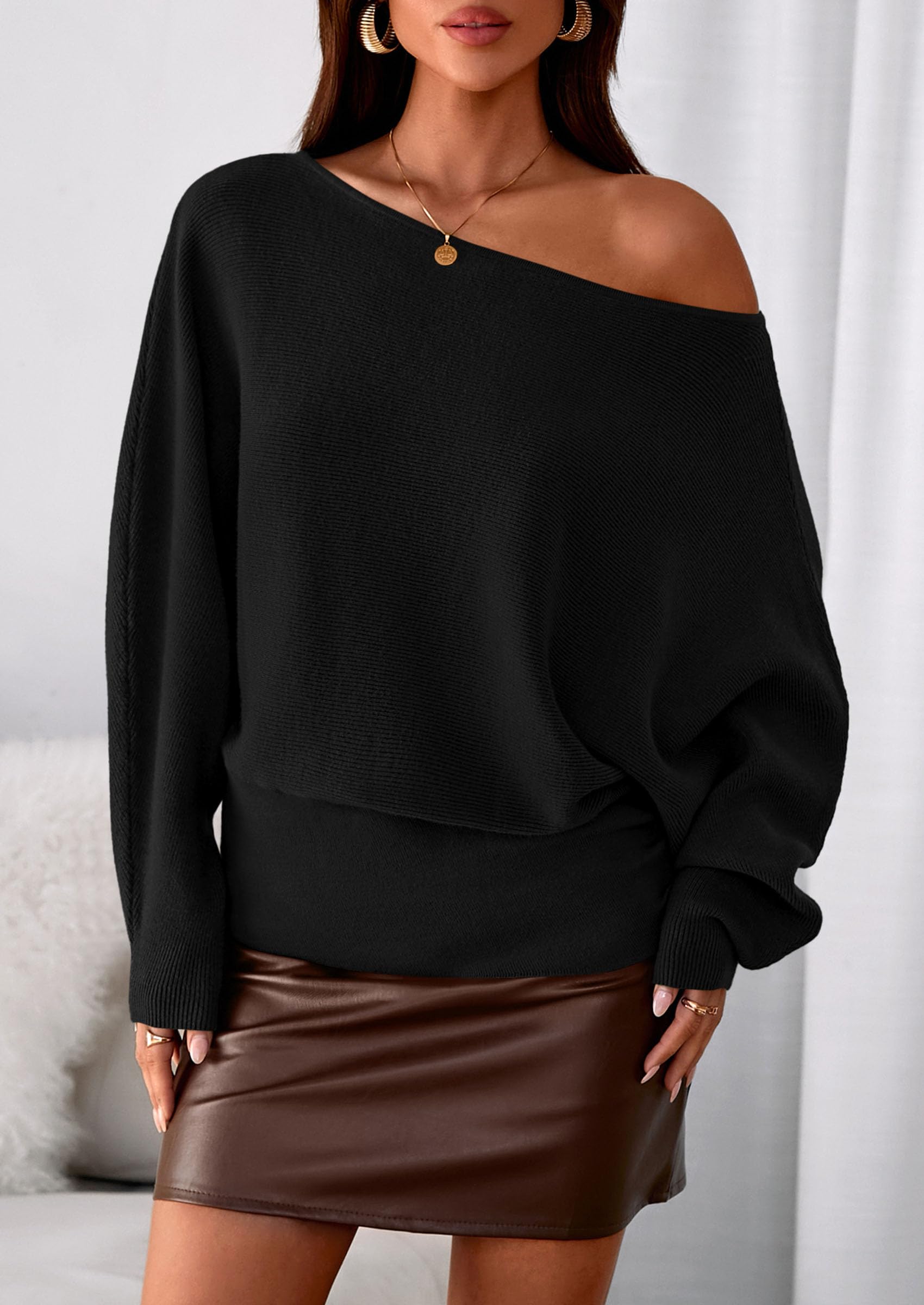 PRETTYGARDEN Women Off The Shoulder Sweater 2025 Fall Trendy Long Batwing Sleeve Knit Pullover Going Out Tops Winter Clothing (Black,Medium)