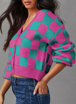 Load image into Gallery viewer, Dokotoo Cardigan Sweaters for Women Button Down Long Sleeve Cable Knit Checkered Cropped Sweater 2025 Winter V Neck Plaid Sweaters Fashion Cardigans Coats Outerwear Rose L
