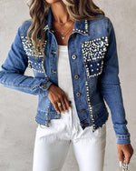 Load image into Gallery viewer, LifeShe Women's Pearls Denim Jacket Cropped Rhinestones Jean Blazer Coat
