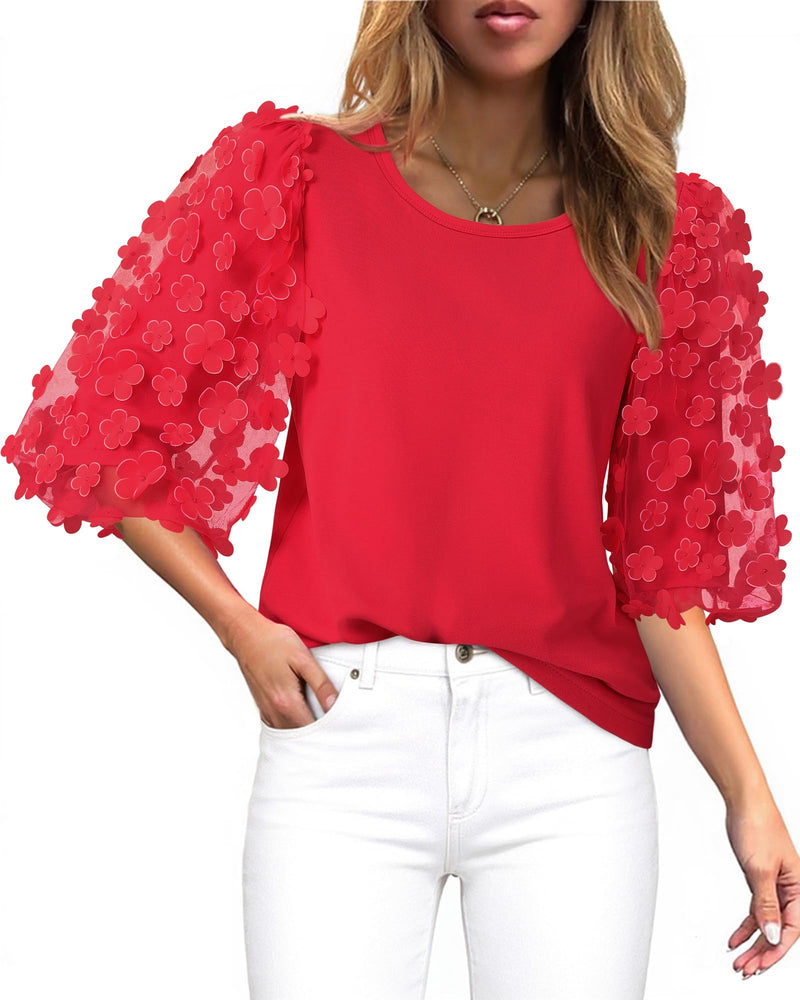Triratna Tshirts for Women Casual: Crew Neck Mesh Puffy Sleeves with Appliques - Cotton Shirts for Women Summer Trendy - Cute Tees Tops Petite Ladies Evening Elegant Blouse Red S