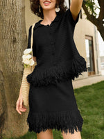 Load image into Gallery viewer, Fisoew Womens 2 Piece Crochet Outfits Short Sleeve Button Knit Sweater Tops Fringe Skirt Summer Vacation Sets Beach Cover Ups Black
