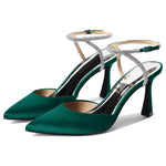 Load image into Gallery viewer, Coutgo Women Rhinestone Heels Kitten High Satin Pumps Pointed Toe Sparkly Sexy Wedding Dress Shoes Dark Green
