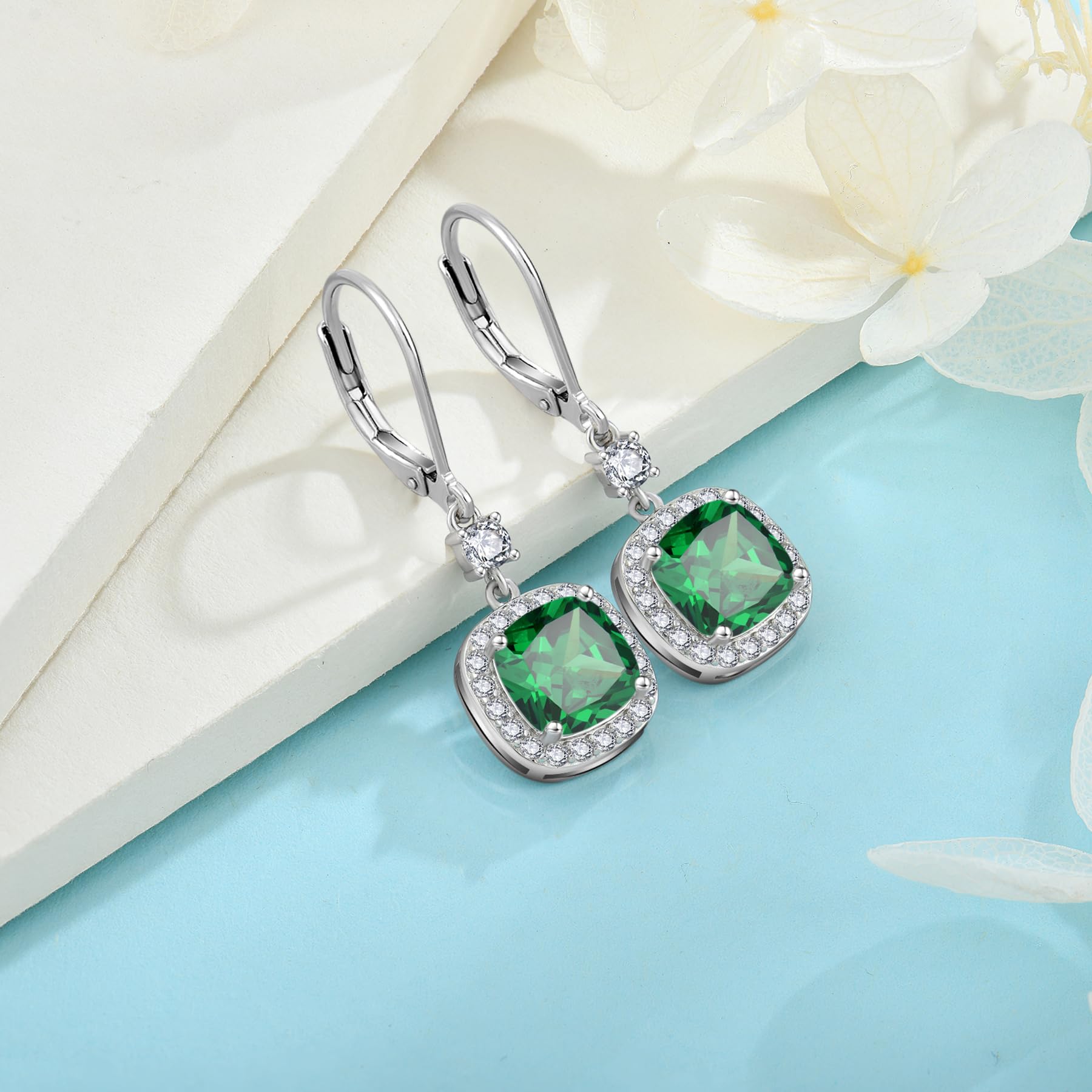Inpasne Women Leverback Earrings 925 Sterling Silver Princess Cut Halo Earrings Emerald May Birthstone Dangle Drop Earrings for Women Her Mom Wife