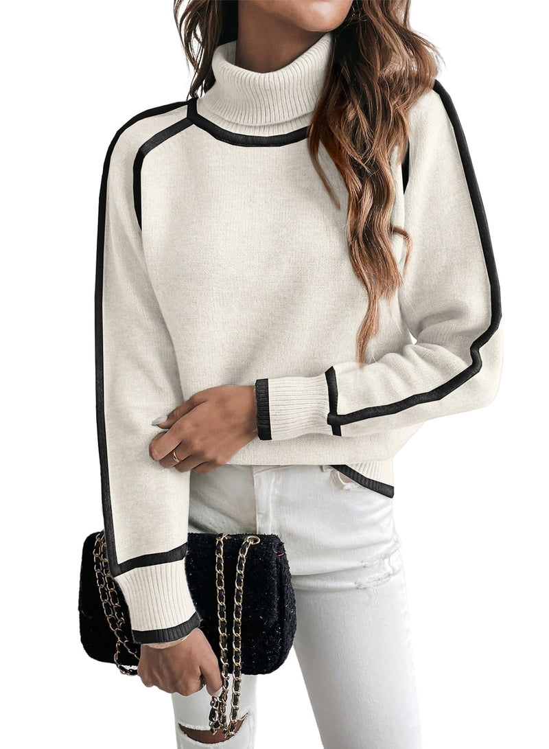 EVALESS Fall Sweaters for Women Trendy 2025 Cute Cozy Turtleneck Long Sleeve Colorblock Knitted Pullover Tops White L