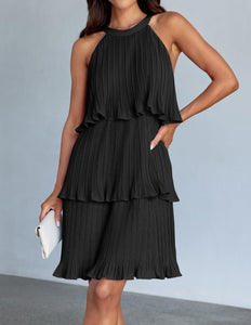 ZESICA Women's 2025 Summer Halter Dresses Sleeveless Ruffle Tiered Layered Chiffon Pleated A Line Swing Mini Dress,DarkBlack,Medium