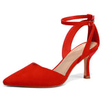 Load image into Gallery viewer, mysoft Women's Pumps Shoes Pointed Toe Kitten Low Heels Stiletto Ankle Strap Closed Toe Wedding Party Dress Sandals Red Suede
