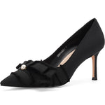Load image into Gallery viewer, Manoloshow Women's Pointed Toe Heels with Bow Pearl, 3.15" Kitten Heels Slip on Stiletto Pumps with Tassels for Designer Evening Party Dress Shoes Black Size 9
