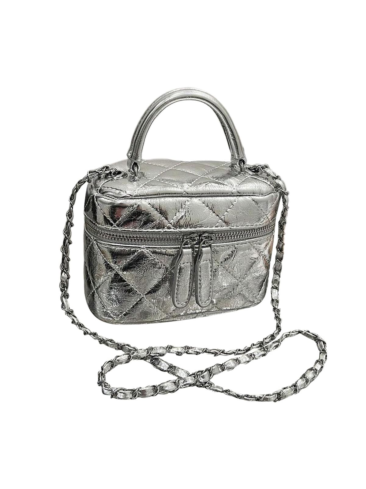 Floerns Women's Square Mini Bucket Quilted Crossbody Hobo Bag Satchel Purse with Chain Strap Silver One Size