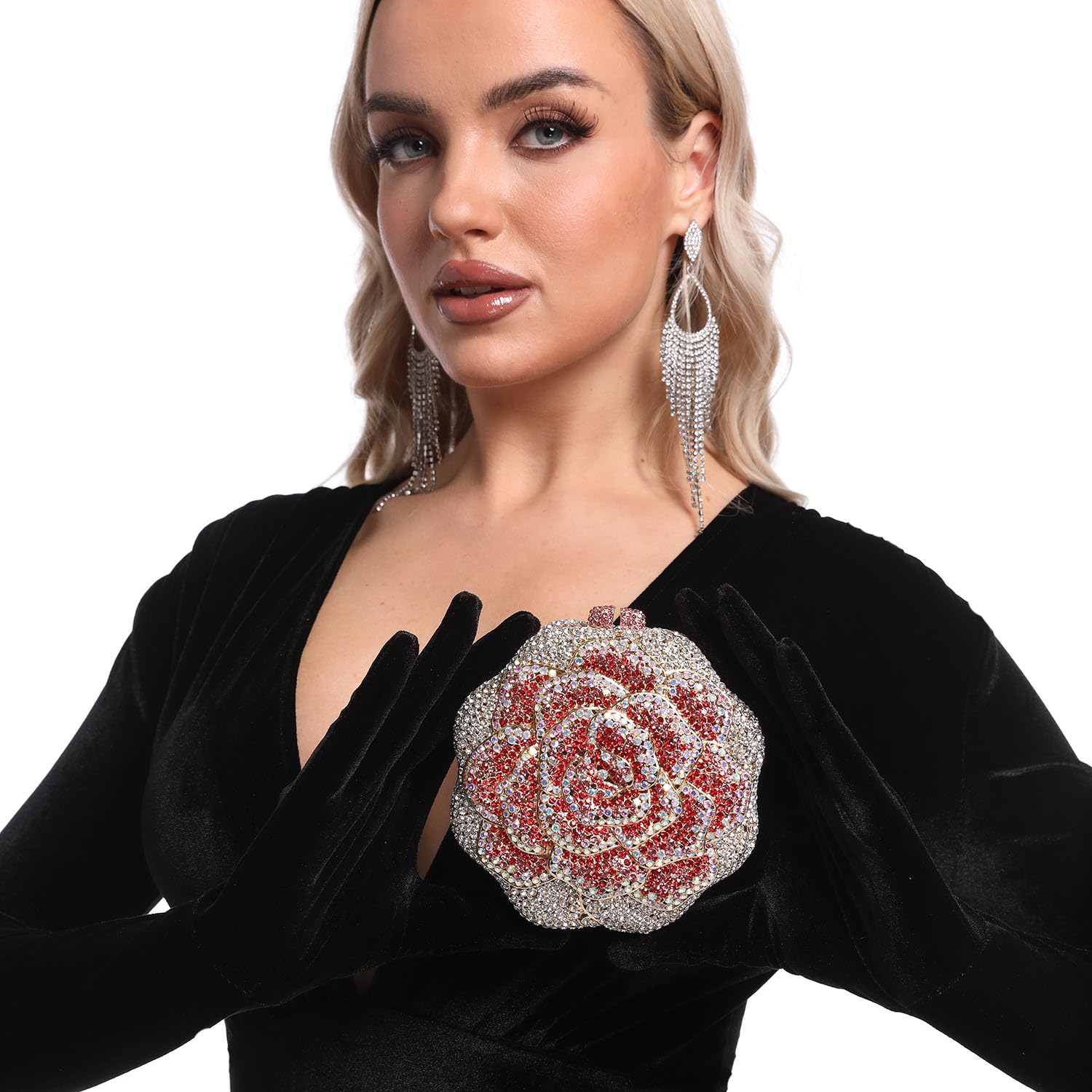 Boutique De FGG Rose Crystal Clutch Purse Women Flower Evening Bag Wedding Party Prom Bridal Rhinestone Floral Handbag,Mini,Red