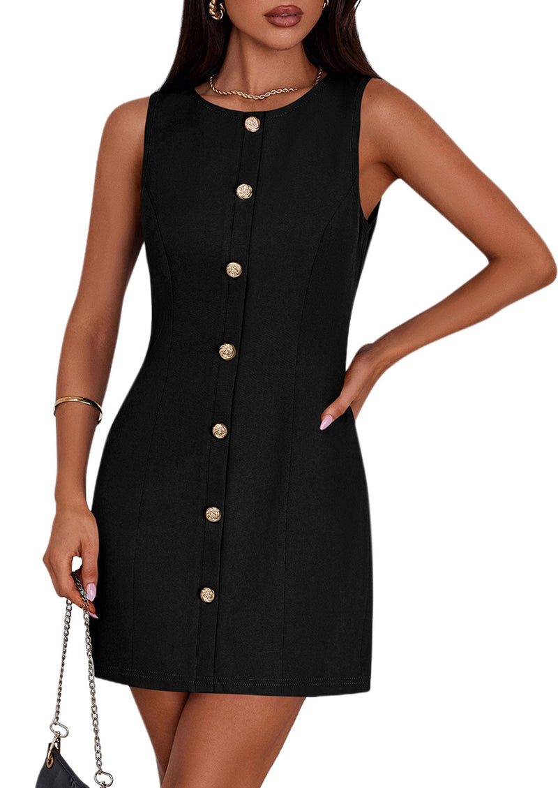 PRETTYGARDEN Work Dresses for Women 2026 Summer Business Formal Short Dress Sleeveless Button Down Elegant Office Outfits (Black,Medium)